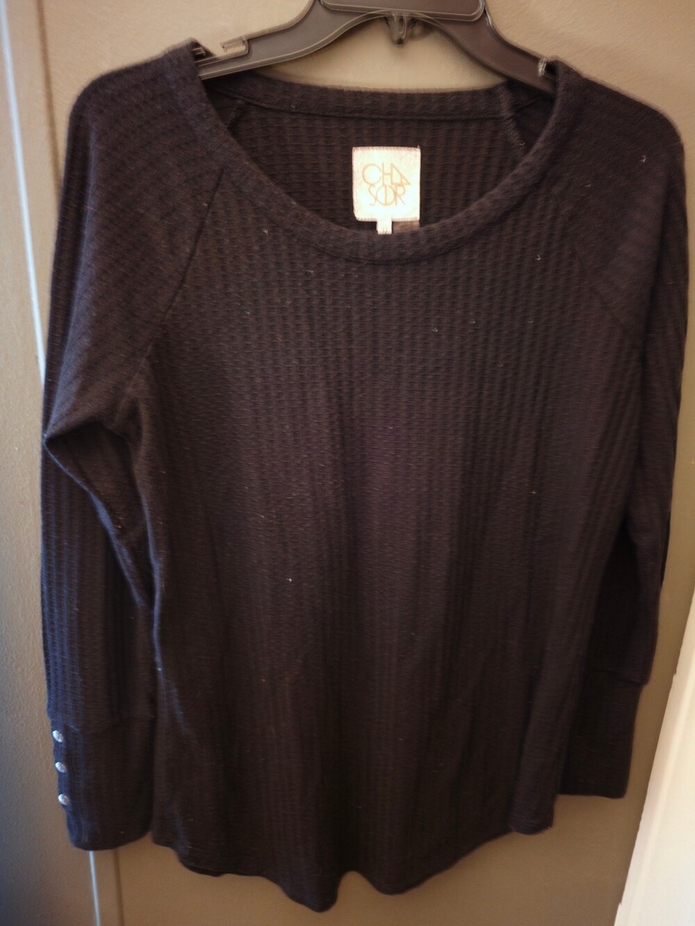 Chaser Medium Black Waffle Knit Long Sleeve Top